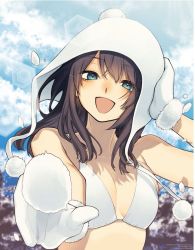 Rule 34 | 1girl, adjusting clothes, adjusting hat, bare arms, bare shoulders, black hair, blue eyes, bra, breasts, cleavage, cloud, collarbone, eyelashes, fur trim, hair between eyes, hat, head tilt, highres, long hair, looking at viewer, mittens, open mouth, original, religious offering, sky, smile, snow, snowball, solo, stomach, sunlight, tongue, topless male, underwear, usazaki shiro, white bra, white mittens, winter clothes
