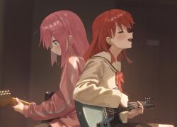 Rule 34 | 2girls, blue eyes, bocchi the rock!, bow, bowtie, closed eyes, electric guitar, gotoh hitori, guitar, highres, indoors, instrument, jacket, kita ikuyo, light blush, long hair, multiple girls, music, open mouth, pink hair, playing instrument, pointy nose, red hair, school uniform, shirasuke 0822, smile, sunlight, teeth, track jacket, upper teeth only