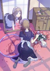 Rule 34 | 1girl, all fours, apron, black legwear, blue eyes, blush, commentary request, dress, flower, full-length mirror, indoors, kagawa yuusaku, looking at mirror, looking at viewer, maid, maid apron, maid headdress, medium hair, mirror, no shoes, original, parted lips, petals, puffy sleeves, reflection, rose, rose petals, short sleeves, signature, solo, spill, sunlight, vase, waist apron, wet