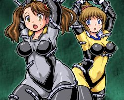 Rule 34 | 2girls, :o, alternate color, alternate costume, bdsm, blue eyes, blush, bodysuit, breasts, brown eyes, brown hair, cable, cosplay, crossover, cupsoup, curvy, g gundam, green background, gundam, gundam build fighters, gundam build fighters try, hoshino fumina, large breasts, long hair, looking at viewer, mobile trace suit, multiple girls, ponytail, rain mikamura, rain mikamura (cosplay), ryona, sazaki kaoruko, scrunchie, shiny clothes, sideboob, sscreaming, tentacles, twintails, wide hips