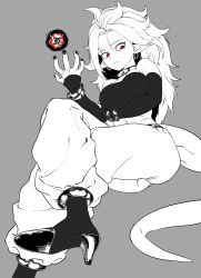 Rule 34 | 1girl, android 21, arabian clothes, black nails, bracelet, breasts, crossed legs, dragon ball, dragon ball fighterz, dragonball z, energy ball, highres, jewelry, looking at viewer, looking down, majin android 21, nail polish, necklace, pointy ears, red eyes, sitting, tail, zequung, zquung