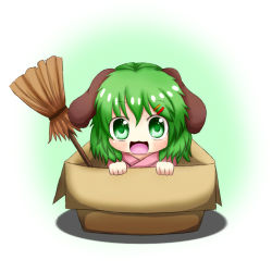 Rule 34 | 1girl, :3, animal ears, bad id, bad pixiv id, blush, box, broom, cardboard box, female focus, gradient background, green eyes, green hair, hair ornament, hairclip, in box, in container, kasodani kyouko, matching hair/eyes, oohirakeisuke, open mouth, short hair, smile, solo, touhou, white background