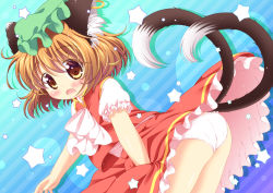Rule 34 | 1girl, animal ears, ass, blush, bow, brown eyes, brown hair, cat ears, cat tail, chen, ear piercing, earrings, hat, jewelry, looking at viewer, mob cap, multiple tails, nekomata, open mouth, panties, pantyshot, piercing, pila-pela, puffy short sleeves, puffy sleeves, shirt, short sleeves, single earring, skirt, skirt set, solo, star (symbol), striped, striped background, tail, touhou, underwear, upskirt, vest, white panties