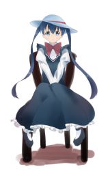 Rule 34 | 1girl, blue dress, blue eyes, blue footwear, blue hair, blush, bow, bowtie, chair, closed mouth, commentary request, dress, flat chest, frilled dress, frills, full body, hat, hat ribbon, highres, juliet sleeves, kin-iro mosaic, komichi aya, long hair, long sleeves, looking at viewer, own hands together, pink bow, pink bowtie, pink ribbon, poppy10100, puffy sleeves, ribbon, shadow, sitting, smile, solo, sun hat, twintails, white background, white hat, white legwear