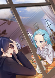 Rule 34 | 1boy, 1girl, absurdres, aqua hair, bell, black hair, blue eyes, blue hair, closed eyes, cloud, commentary, commentary request, dutch angle, fei luo mao, flower, hair ornament, hairclip, hand fan, head rest, highres, honkai (series), honkai impact 3rd, jacket, lieserl albert einstein, looking at another, messy hair, reflection, rose, sky, smile, sweatdrop, table, waitress, welt joyce, window
