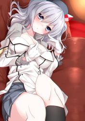 Rule 34 | 10s, 1girl, absurdres, blue eyes, blush, breasts, cleavage, gloves, hat, highres, kantai collection, kashima (kancolle), large breasts, long hair, looking at viewer, lying, nebusoku, on back, pout, silver hair, skirt, solo, twintails, uniform