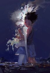 Rule 34 | 2boys, absurdbut, bare arms, black hair, black shirt, blue eyes, blue sky, closed eyes, closed mouth, electricity, electrokinesis, from side, gon freecss, highres, hug, hug from behind, hunter x hunter, killua zoldyck, looking down, male focus, medium hair, multiple boys, shallow water, shirt, short hair, shorts, sky, sleeveless, sleeveless shirt, standing, tank top, wading, water, white hair, white shirt