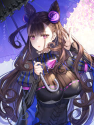 Rule 34 | 1girl, artist name, black dress, breasts, brooch, brown hair, closed mouth, cone hair bun, dress, fate/grand order, fate (series), glint, hair bun, hair ornament, hand up, holding, holding umbrella, jewelry, juliet sleeves, large breasts, long hair, long sleeves, looking at viewer, murasaki shikibu (fate), plant, puffy sleeves, purple eyes, roang, sidelocks, sleeves past wrists, solo, striped, two side up, umbrella, upper body