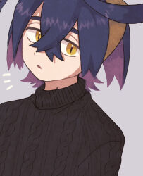 Rule 34 | 1boy, alternate costume, black hair, black sweater, colored inner hair, commentary request, creatures (company), crossed bangs, game freak, hair between eyes, hayashi (pixiv), headband, highres, jacket, kieran (pokemon), knit sweater, male focus, mole, mole on neck, multicolored hair, nintendo, notice lines, pokemon, pokemon sv, purple hair, shirt, short hair, sweater, turtleneck, turtleneck sweater, two-tone hair, upper body, yellow eyes, yellow headband
