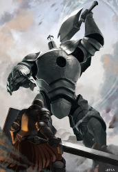 Rule 34 | 1boy, arm up, armor, artist name, axe, battle, breastplate, commentary, dark souls (series), dark souls i, debris, dust, facing another, feet out of frame, fighting stance, from behind, full armor, gauntlets, golem, greatsword, greaves, helmet, highres, holding, holding axe, holding shield, holding sword, holding weapon, iron golem (dark souls), iron tarkus, knight, less, male focus, outdoors, pauldrons, shield, shoulder armor, size difference, standing, sword, weapon