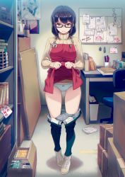 Rule 34 | &gt;:(, 1girl, 40hara, absurdres, apron, apron lift, beige sweater, black-framed eyewear, breasts, closed mouth, clothes lift, clothes pull, cross-laced footwear, denim, employee uniform, full body, glaring, glasses, highres, indoors, iya na kao sare nagara opantsu misete moraitai, iya na kao sare nagara opantsu misete moraitai yo wa pantsu ga mitai zo, jeans, lifted by self, long hair, long sleeves, looking at viewer, matsuura shiori, medium breasts, name tag, official art, panties, pants, pants pull, pen, pigeon-toed, poster (object), purple eyes, purple hair, rectangular eyewear, red apron, ribbed sweater, shaded face, shoes, sidelocks, sleeves past wrists, sneakers, solo, standing, sweater, thighs, turtleneck, turtleneck sweater, underwear, uniform, v-shaped eyebrows, white footwear, white panties