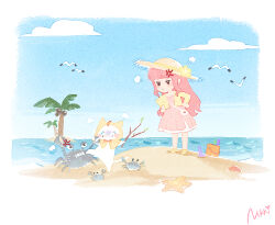 Rule 34 | 1boy, 1girl, anger vein, angry, artist request, beach, bird, blush, branch, brown eyes, cat, chinese commentary, clear sky, cloud, commentary request, crab, dress, holding, holding branch, island, jacket, long hair, momo (miracle nikki), nikki (miracle nikki), ocean, official art, outdoors, pink dress, pink hair, seagull, shining nikki, signature, sky, starfish, tears, yellow cloak, yellow headwear, yellow jacket
