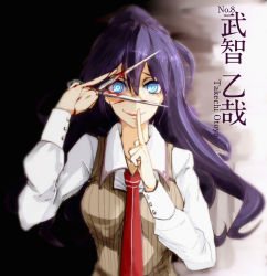Rule 34 | 10s, 1girl, akuma no riddle, blood, blood on face, blood on hands, blue eyes, character name, crazy smile, finger to mouth, gradient background, highres, long hair, looking at viewer, necktie, ponytail, purple hair, ringed eyes, school uniform, scissors, shioda (shioda 5), smile, solo, takechi otoya, vest, weapon