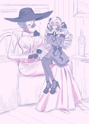 Rule 34 | 2girls, absurdres, alcina dimitrescu, blush, bottomless, commentary request, cup, dress, drill hair, drinking glass, gloves, hairband, hands on own face, high heels, highres, holding, hyakumantenbara salome, indoors, large hat, lipstick, long hair, long sleeves, looking at another, makeup, multiple girls, nijisanji, off-shoulder dress, off shoulder, open mouth, parted lips, resident evil, resident evil village, sitting, sitting on lap, sitting on person, smile, thighhighs, wine glass, yuri, yuri kyanon