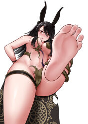 Rule 34 | 1girl, absurdres, black hair, breasts, character request, feet, foot focus, highres, large breasts, medium breasts, oirin, smile, soles, solo, toes