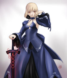 Rule 34 | 1girl, akatsuki (mp31097), artoria pendragon (all), artoria pendragon (fate), blonde hair, detached sleeves, dress, excalibur morgan (fate), fate/stay night, fate (series), gown, hand on hilt, hand on sword, highres, mp31097, planted, planted sword, planted weapon, saber (fate), saber alter, solo, sword, weapon, yellow eyes