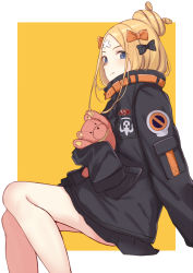Rule 34 | 1girl, :t, abigail williams (fate), abigail williams (traveling outfit) (fate), black bow, black jacket, blonde hair, blue eyes, blush, bow, closed mouth, commentary request, fate/grand order, fate (series), hair bow, hair bun, highres, itachi kanade, jacket, long hair, long sleeves, looking at viewer, hugging object, official alternate costume, orange background, orange bow, parted bangs, polka dot, polka dot bow, single hair bun, sitting, sleeves past fingers, sleeves past wrists, solo, stuffed animal, stuffed toy, teddy bear, two-tone background, white background
