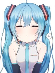 Rule 34 | 1girl, aqua eyes, aqua hair, aqua necktie, bare shoulders, black sleeves, closed mouth, collarbone, commentary, detached sleeves, drawing kanon, closed eyes, facing viewer, grey shirt, hair ornament, hatsune miku, headphones, headset, highres, incoming kiss, leaning forward, light blush, long hair, necktie, romaji commentary, shirt, sleeveless, sleeveless shirt, solo, speech bubble, twintails, very long hair, vocaloid, white background