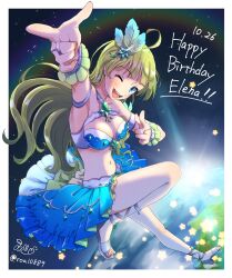 Rule 34 | 1girl, ahoge, aqua eyes, armpits, bare arms, bare shoulders, birthday, blue bra, blue skirt, blunt bangs, border, bra, breasts, character name, circle skirt, commentary request, dated, double finger gun, earth (planet), eyelashes, feather hair ornament, feathers, finger gun, frilled wrist cuffs, frills, full body, green hair, grey footwear, grey ribbon, hair ornament, happy birthday, high heels, highres, idol, idolmaster, idolmaster million live!, jewelry, large breasts, leg ribbon, light blush, long hair, looking at viewer, miniskirt, one eye closed, open mouth, outside border, outstretched arm, planet, pointing, pointing at viewer, rainbow, ribbon, ring, sandals, shimabara elena, signature, skirt, smile, solo, space, sparkle, star (symbol), star hair ornament, stomach, sunlight, teeth, twitter username, underwear, wavy hair, white border, white wrist cuffs, witoi (roa), wrist cuffs