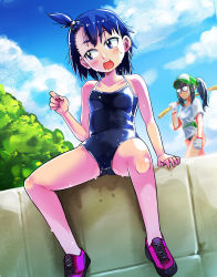 Rule 34 | 2girls, absurdres, black hair, blue eyes, blue sky, blush, cloud, day, fang, fishing rod, glasses, hair ornament, highres, hodaka natsumi, holding, houkago teibou nisshi, multiple girls, ocean, one-piece swimsuit, oono makoto, open mouth, outdoors, ponytail, shoes, sidelocks, sky, sneakers, swimsuit, teeth, wet