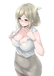 Rule 34 | 1girl, alternate costume, bracelet, breasts, cleavage, cowboy shot, dress shirt, folded ponytail, glasses, green eyes, grey skirt, highres, jewelry, kantai collection, katori (kancolle), large breasts, open clothes, parted bangs, pencil skirt, shirt, silver hair, simple background, skirt, sleeveless, sleeveless shirt, solo, standing, takomeshi, white background, white shirt