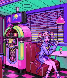 Rule 34 | 1girl, blue bow, blue eyes, blue hair, bow, ceiling light, chouzetsusaikawa tenshi-chan, diner, eencya, eyewear on head, hair bow, heart, heart-shaped eyewear, indoors, jukebox, limited palette, long hair, long sleeves, looking at viewer, multicolored hair, multiple hair bows, needy girl overdose, official art, parfait, pink bow, pink hair, pixel art, pleated skirt, quad tails, sailor collar, school uniform, second-party source, serafuku, sitting, skirt, solo, table, television, tile floor, tiles, very long hair, window blinds, yellow bow