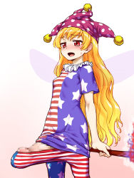 Rule 34 | 1futa, american flag dress, american flag legwear, blonde hair, blush, breasts, bulge, censored, clownpiece, cowboy shot, dress, erection, erection under clothes, fairy wings, futanari, hat, highres, itou yuuji, jester cap, mosaic censoring, open mouth, penis, red eyes, simple background, small breasts, solo, sweatdrop, through clothes, torch, touhou, wings