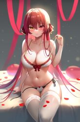 Rule 34 | 1girl, absurdres, bare arms, bare shoulders, bra, breasts, cameltoe, cleavage, front-tie bra, front-tie top, hair ribbon, hand up, highres, hololive, houshou marine, lace, lace-trimmed bra, lace trim, large breasts, lingerie, long hair, looking at viewer, navel, panties, petals, pulling own clothes, red eyes, red hair, red ribbon, ribbon, side-tie panties, sitting, smile, solo, spaghetti strap, stomach, strap gap, strap pull, string bra, string panties, thighhighs, thighs, tun chicken, underwear, underwear only, untied panties, very long hair, virtual youtuber, white bra, white panties, white thighhighs, yellow eyes