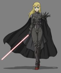 Rule 34 | 1girl, blonde hair, cape, cosplay, crossover, darth vader, darth vader (cosplay), energy sword, facing viewer, full body, green eyes, grey background, gundam, gundam 00, james chung, lightsaber, long hair, looking at viewer, louise halevy, no headwear, outstretched arm, parody, prosthesis, prosthetic arm, prosthetic leg, simple background, solo, standing, star wars, sword, trait connection, weapon