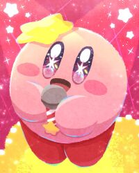 Rule 34 | :d, blush, commentary request, cosplay, full body, highres, holding, holding microphone, hoshino ai (oshi no ko), hoshino ai (oshi no ko) (cosplay), kirby, kirby (series), looking at viewer, miclot, microphone, nintendo, no humans, open mouth, oshi no ko, pink background, purple eyes, smile, solo, sparkle, standing, star-shaped pupils, star (symbol), star in eye, symbol-shaped pupils, symbol in eye