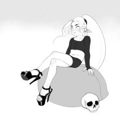 Rule 34 | 1girl, closed mouth, crop top, eyebrows, gothetta gothetticus, gruftine, high heels, highres, long hair, maniacbox, navel, ponytail, school for vampires, shoes, shorts, simple background, skull, solo, vampire