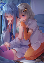 Rule 34 | 2girls, bare shoulders, black bra, blue hair, blue ribbon, bra, breasts, commentary request, commission, detached sleeves, elbow gloves, fingerless gloves, gloves, green bra, grey hair, hair ornament, hair ribbon, hand on another&#039;s shoulder, highres, indoors, kanzen bouon, kizuna akari, kotonoha aoi, long hair, long sleeves, medium breasts, multiple girls, orange gloves, orange pantyhose, pantyhose, pink lips, pixiv commission, puffy short sleeves, puffy sleeves, purple eyes, red eyes, ribbon, shirt, short sleeves, star (symbol), striped clothes, striped gloves, striped legwear, striped pantyhose, thighhighs, underwear, vertical-striped clothes, vertical-striped gloves, vertical-striped legwear, vertical-striped pantyhose, very long hair, voiceroid, white shirt, white sleeves, wide sleeves