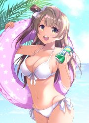 Rule 34 | 1girl, absurdres, bikini, blue sky, breasts, brown hair, can, day, drink can, front-tie bikini top, front-tie top, hair ornament, highres, innertube, inui sekihiko, large breasts, long hair, looking at viewer, love live!, love live! school idol project, minami kotori, navel, ocean, one side up, open mouth, side-tie bikini bottom, side ponytail, sky, smile, soda can, solo, sprite (drink), swim ring, swimsuit, water, white bikini, yellow eyes