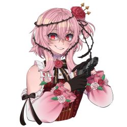 Rule 34 | 1girl, black bow, black bowtie, black gloves, bow, bowtie, clothing cutout, cropped torso, dress, flower, gloves, gun, handgun, highres, holding, holding weapon, long hair, long sleeves, looking at viewer, nijisanji, nijisanji en, one side up, pink hair, pistol, red dress, red eyes, red flower, red rose, rose, rosemi lovelock, samu sugu, shaded face, shoulder cutout, sidelocks, simple background, smile, solo, teeth, thorns, upper body, virtual youtuber, weapon, white background