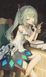 Rule 34 | 1girl, ;o, absurdres, anklet, bare legs, bare shoulders, book, bracelet, chair, clothing cutout, dress, faruzan (genshin impact), genshin impact, green eyes, grey hair, hair ornament, hands up, highres, jewelry, long hair, looking at viewer, one eye closed, open mouth, pellas (panix2383), shoulder cutout, sitting, solo, thighlet, twintails, white dress