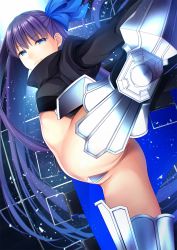 Rule 34 | 10s, 1girl, armor, armored boots, ass, bad id, bad pixiv id, black jacket, blue bow, blue eyes, boots, bow, closed mouth, cropped jacket, crotch plate, fate/extra, fate/extra ccc, fate/grand order, fate (series), hair bow, high collar, jacket, kicking, knee boots, long hair, long sleeves, looking at viewer, meltryllis (fate), partially visible vulva, puffy long sleeves, puffy sleeves, purple hair, smile, solo, umihotaru harumare, very long hair