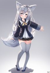 Rule 34 | 10s, 1girl, animal ear fluff, animal ears, blade &amp; soul, blush, coat, full body, grey eyes, grey thighhighs, hair between eyes, highres, long hair, lyn (blade &amp; soul), miniskirt, outstretched arm, shirt, shoes, silver hair, skindentation, skirt, solo, tail, tandozzing, thighhighs, very long hair, wolf ears, wolf tail, zettai ryouiki