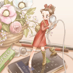 Rule 34 | 10s, 1girl, apple inc., arrietty, bag, barefoot, boots, brown eyes, brown hair, cellphone, clorets, clothes pin, dress, earbuds, earphones, flower, holding, iphone, karigurashi no arrietty, kiichi, mini person, minigirl, no nose, oversized object, pencil, phone, ponytail, reflection, reflective floor, shoes, single shoe, smartphone, solo