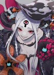 Rule 34 | 1girl, abigail williams (fate), abigail williams (swimsuit foreigner) (fate), abigail williams (swimsuit foreigner) (first ascension) (fate), bikini, black bikini, breasts, colored skin, commentary, double bun, eyelashes, fate/grand order, fate (series), grey hair, grey skin, grin, gs999000, hair bun, highres, keyhole, leaning forward, long hair, looking at viewer, navel, parted bangs, red eyes, sharp teeth, small breasts, smile, solo, swimsuit, teeth, tentacles, thigh gap, third eye