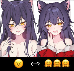 Rule 34 | 1girl, ahri (league of legends), animal ears, black hair, black nails, blush, breasts, cleavage, collarbone, commentary, emoji, facial mark, fang, fingernails, fox ears, fox girl, hair between eyes, highres, league of legends, long hair, looking at viewer, multiple views, nail polish, open mouth, pelicana, sidelocks, simple background, skin fang, smile, teeth, whisker markings, white background, yellow eyes