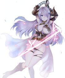 Rule 34 | 10s, 1girl, arms up, bandaged arm, bandages, belt, black gloves, black panties, blue eyes, blush, boots, braid, breasts, bug, butterfly, cameltoe, cape, cleavage, demon horns, draph, eyebrows, fingerless gloves, gloves, glowing, granblue fantasy, groin, hair between breasts, hair ornament, hair over one eye, high heel boots, high heels, holding, holding sword, holding weapon, horns, insect, knee boots, knees together feet apart, large breasts, light purple hair, long hair, looking at viewer, misono reiji, narmaya (granblue fantasy), navel, no bra, no pants, panties, panty pull, parted lips, pink lips, pointy ears, simple background, sleeveless, solo, stomach, sword, thigh gap, thigh strap, torn clothes, underwear, weapon, white background