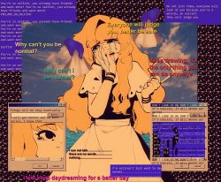 Rule 34 | 1girl, apron, black dress, blonde hair, blue screen of death, bracelet, capelet, cloud, cloudy sky, collage background, cowboy shot, crying, crying with eyes open, disembodied hand, dress, english text, facing viewer, frilled capelet, frills, glitch, highres, holding, holding photo, jewelry, juliet sleeves, kirisame marisa, linmiee, long hair, long sleeves, ocean, photo (object), photo background, puffy sleeves, sky, standing, tearing up, tears, text focus, tissue, touhou, vaporwave, waist apron, window (computing)