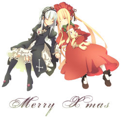 Rule 34 | 00s, 2girls, bad id, bad pixiv id, blonde hair, bonnet, boots, christmas, doll joints, dress, ekeo, closed eyes, hairband, hat, holding hands, joints, knee boots, kunkun, long hair, multiple girls, rozen maiden, santa hat, shinku, silver hair, sleeping, stuffed animal, stuffed toy, suigintou, text focus, twintails