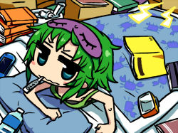 Rule 34 | 1girl, aqua eyes, blindfold, blush stickers, book, chan co, chibi, clock, futon, green hair, gumi, handheld game console, lying, on stomach, pillow, playstation portable, short hair, sick, solo, thermometer, under covers, vocaloid, wavy mouth