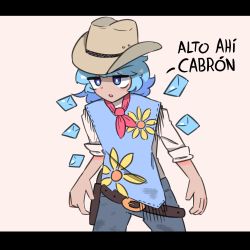 Rule 34 | 1girl, belt, belt buckle, blue eyes, blue hair, blue pants, brown background, brown belt, brown hat, buckle, cirno, cowboy, cowboy hat, cowboy shot, cowboy western, crossover, detached wings, dirty, dirty clothes, eosd2002, floral print, hat, highres, letterboxed, long sleeves, medium hair, open mouth, pants, profanity, red dead redemption, shirt, simple background, sleeves rolled up, solo, spanish commentary, spanish text, touhou, western, white shirt, wings