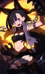 Rule 34 | 1girl, absurdres, animal ears, animal hands, black hair, broken, broken chain, chain, claws, collar, commentary, english commentary, halloween, highres, midriff, navel, original, purple eyes, short hair, sirena (tostantan), solo, tail, torn clothes, tostantan, vest, werewolf, wolf ears, wolf tail, zipper, zipper pull tab