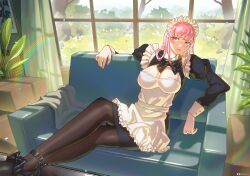 Rule 34 | 1girl, bow, bowtie, commentary, couch, english commentary, highres, hololive, hololive english, indoors, long hair, long sleeves, macom m, maid, maid headdress, mori calliope, pantyhose, pink eyes, pink hair, plant, sitting, solo, tree, virtual youtuber, window