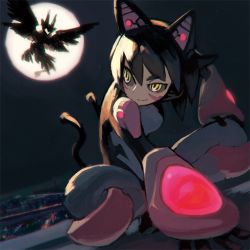 Rule 34 | 1girl, animal ears, bad id, bad twitter id, black hair, black sclera, bodysuit, breasts, cat ears, cat tail, character request, cityscape, closed mouth, colored sclera, copyright request, facial mark, facing away, full moon, hair between eyes, hand on own knee, indian style, medium breasts, moon, moonlight, multiple tails, night, night sky, outdoors, reiesu (reis), ringed eyes, short hair, sitting, sky, smile, solo, star (sky), tail, two tails, yellow eyes