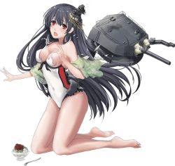 Rule 34 | 10s, 1girl, bare shoulders, barefoot, bikini, black hair, breasts, broken, covered navel, food, frilled swimsuit, frills, full body, fusou (kancolle), hair ornament, headgear, kantai collection, kneeling, long hair, looking at viewer, machinery, official art, one-piece swimsuit, open mouth, red eyes, rikka (rikka331), solo, spoon, swimsuit, torn clothes, torn swimsuit, transparent background, turret, very long hair