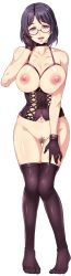 Rule 34 | 1girl, blush, breastless clothes, breasts, brown-framed eyewear, choker, corset, feet, female focus, female pubic hair, full body, functionally nude, game cg, glasses, gloves, groin, hand on own cheek, hand on own face, highres, jewelry, knees together feet apart, large breasts, legs, lingerie, looking at viewer, mature female, mizuryu kei, navel, nipples, no panties, open mouth, original, pink eyes, pubic hair, purple hair, pussy, ring, semi-rimless eyewear, short hair, simple background, solo, souma mitsuko, standing, tachi-e, teisou kannen zero, thigh gap, thighhighs, thighs, transparent background, underwear, wedding band